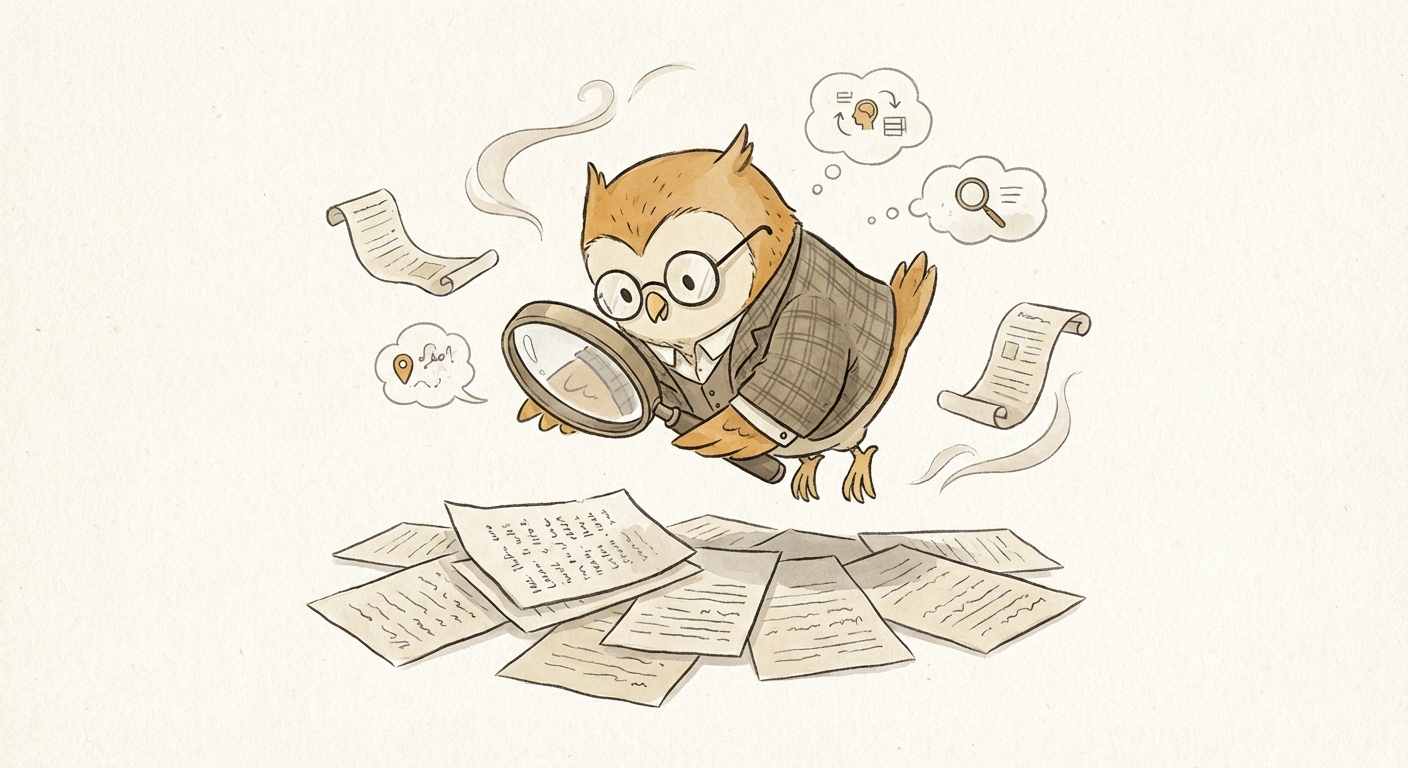 Owl with magnifying glass searching documents