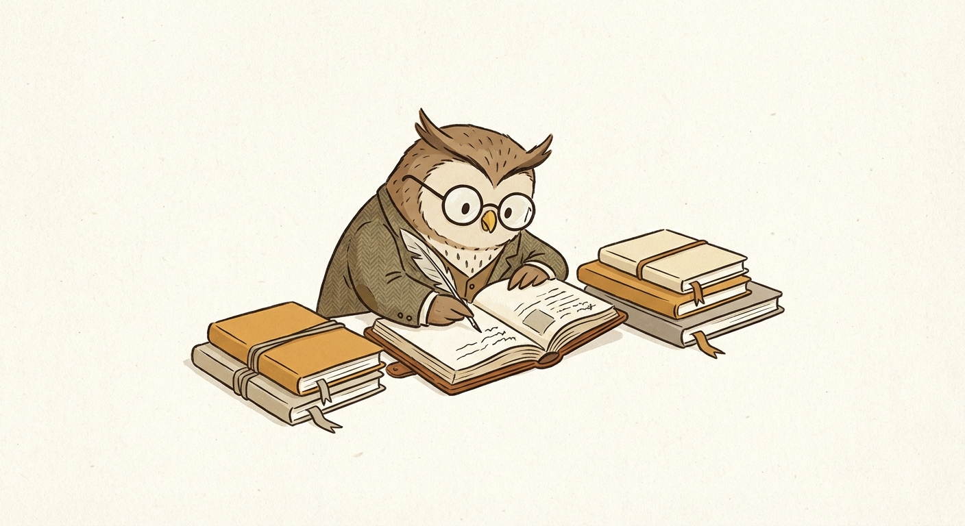 Owl writing in a journal with a quill