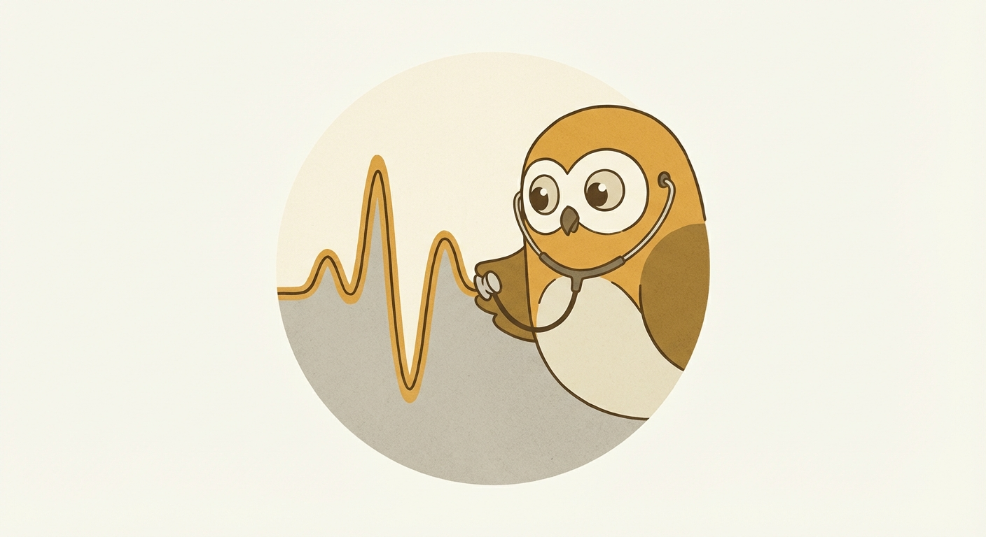 Owl with stethoscope listening to a heartbeat line