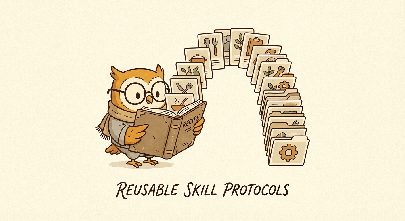 Owl holding a recipe book with modular cards