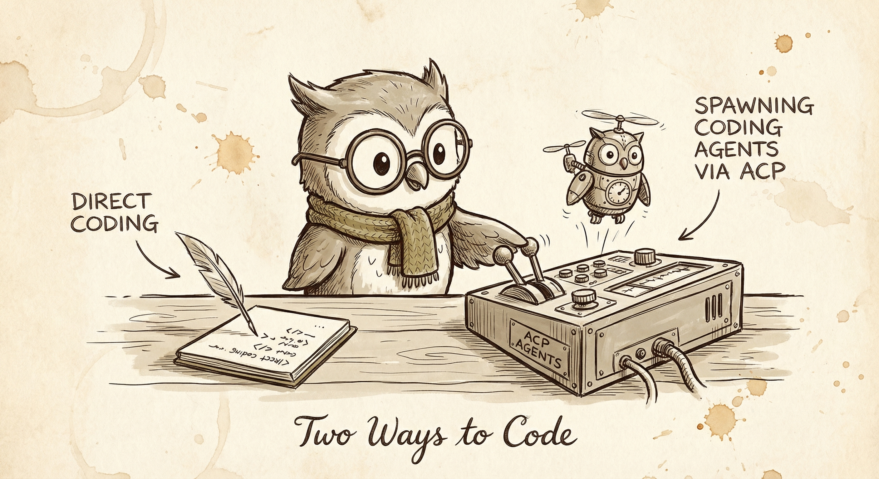 Owl at a workbench with two different toolkits