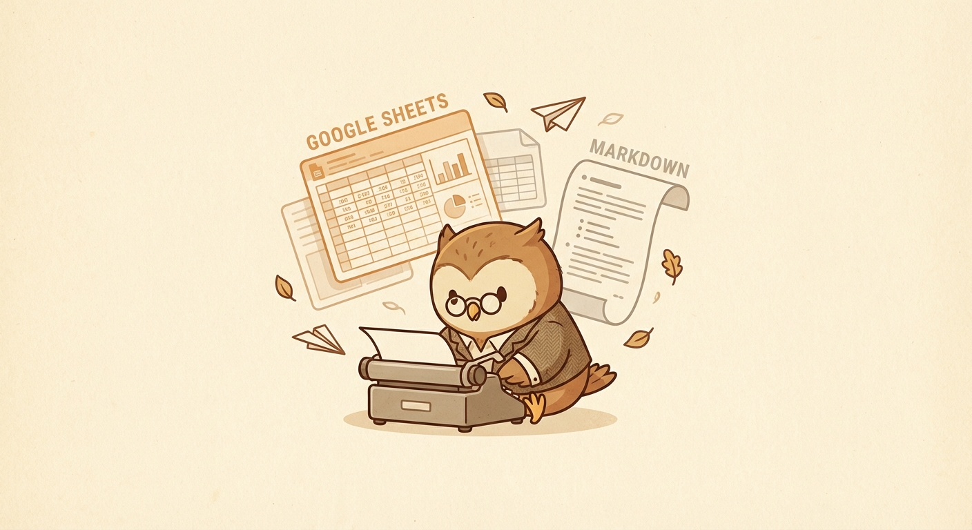 Owl typing on a typewriter with floating documents