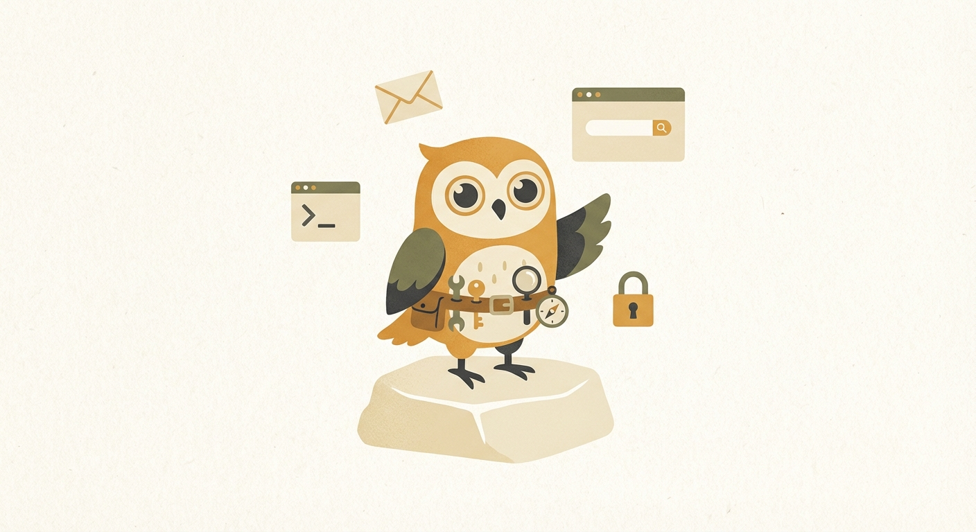 Owl wearing a utility belt of tiny tools