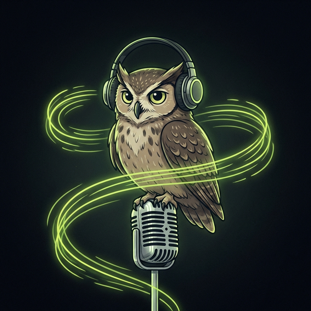 Owl with headphones listening to audio