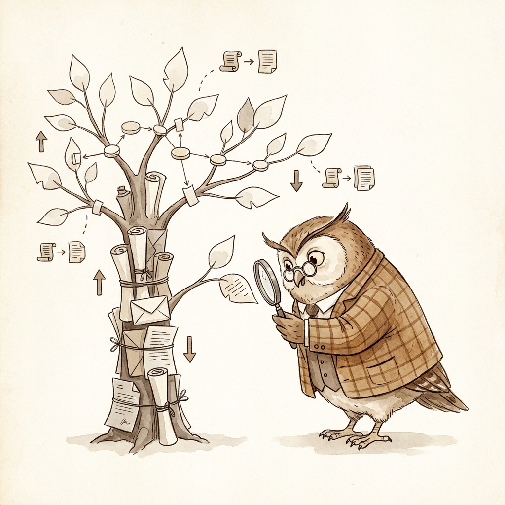 Owl examining a tree of documents and summaries