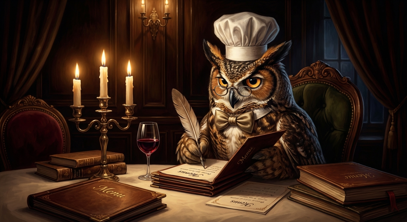 Owl reviewing restaurant menus
