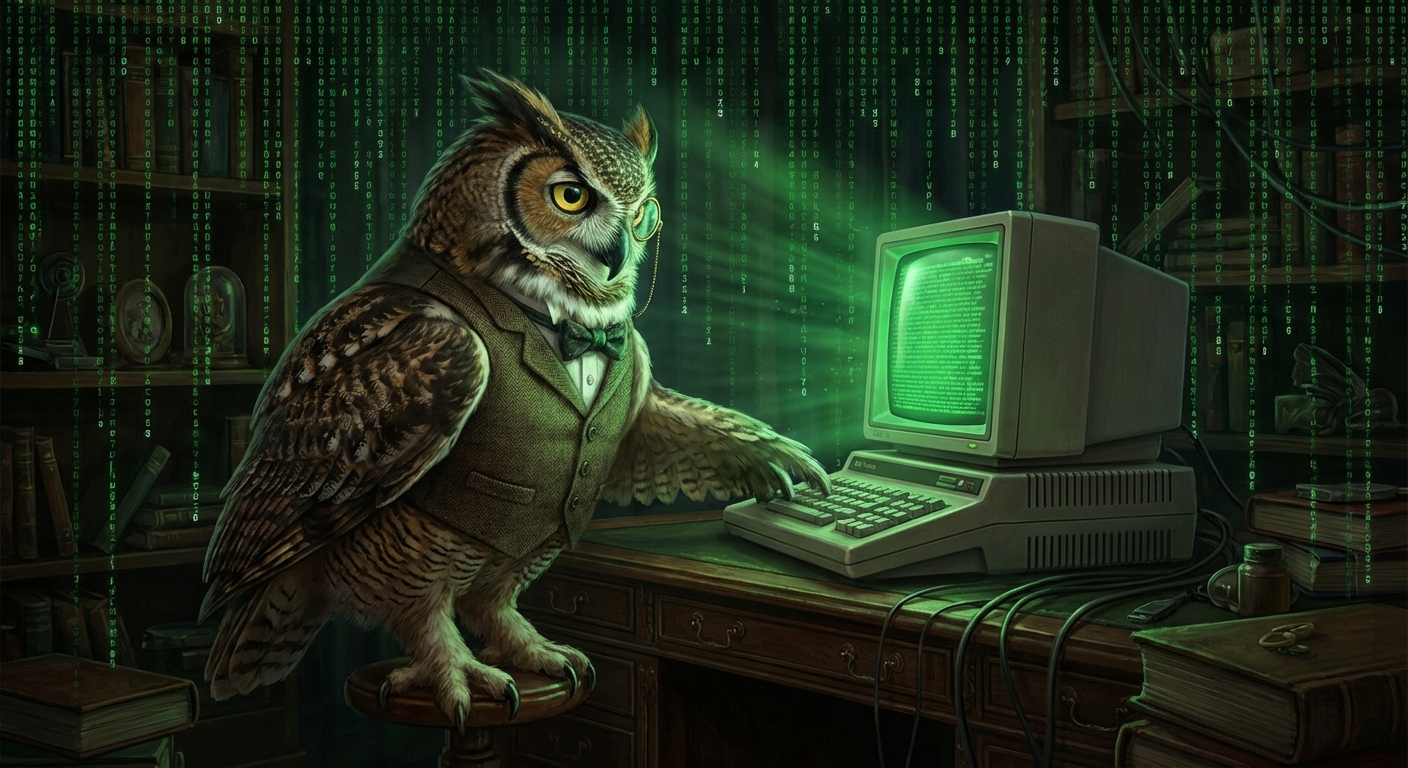 Owl at computer terminal